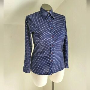Vintage Louis de Rochamp Navy & White Polka Dot Dagger Collar Button Blouse